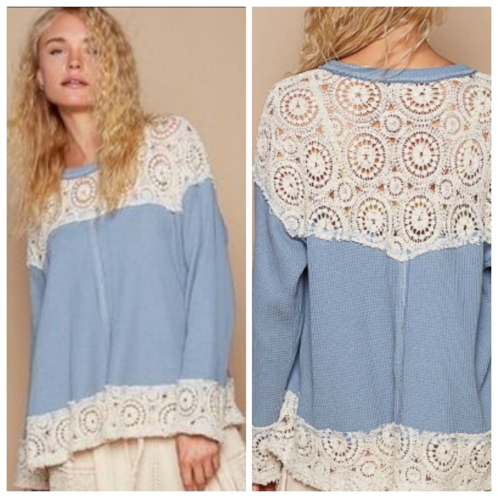 POL Oversized Blouse Women's Medium Blue Lace Cream Sweater Shirt Top Sparkle 7